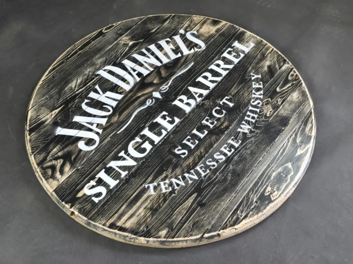 Blat ze szpuli po kablach odrestaurowany w stylu loftowym fi. 90 ciemny z napisami Jack Daniels - obrazek 2