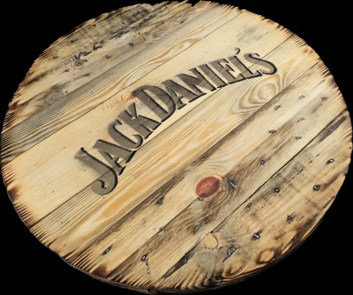 Blat drewniany ze szpuli na loftowy stolik kawowy fi. 60 - Jack Daniels - obrazek 4